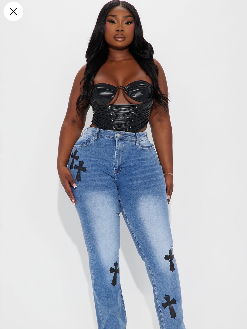 Fashion Nova Blue Straight-Leg Jeans with Black Cross Accents